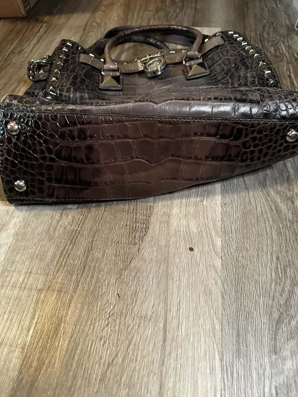 Michael Kors Grey Croc Embossed Leather Studded Hamilton Tote Bag